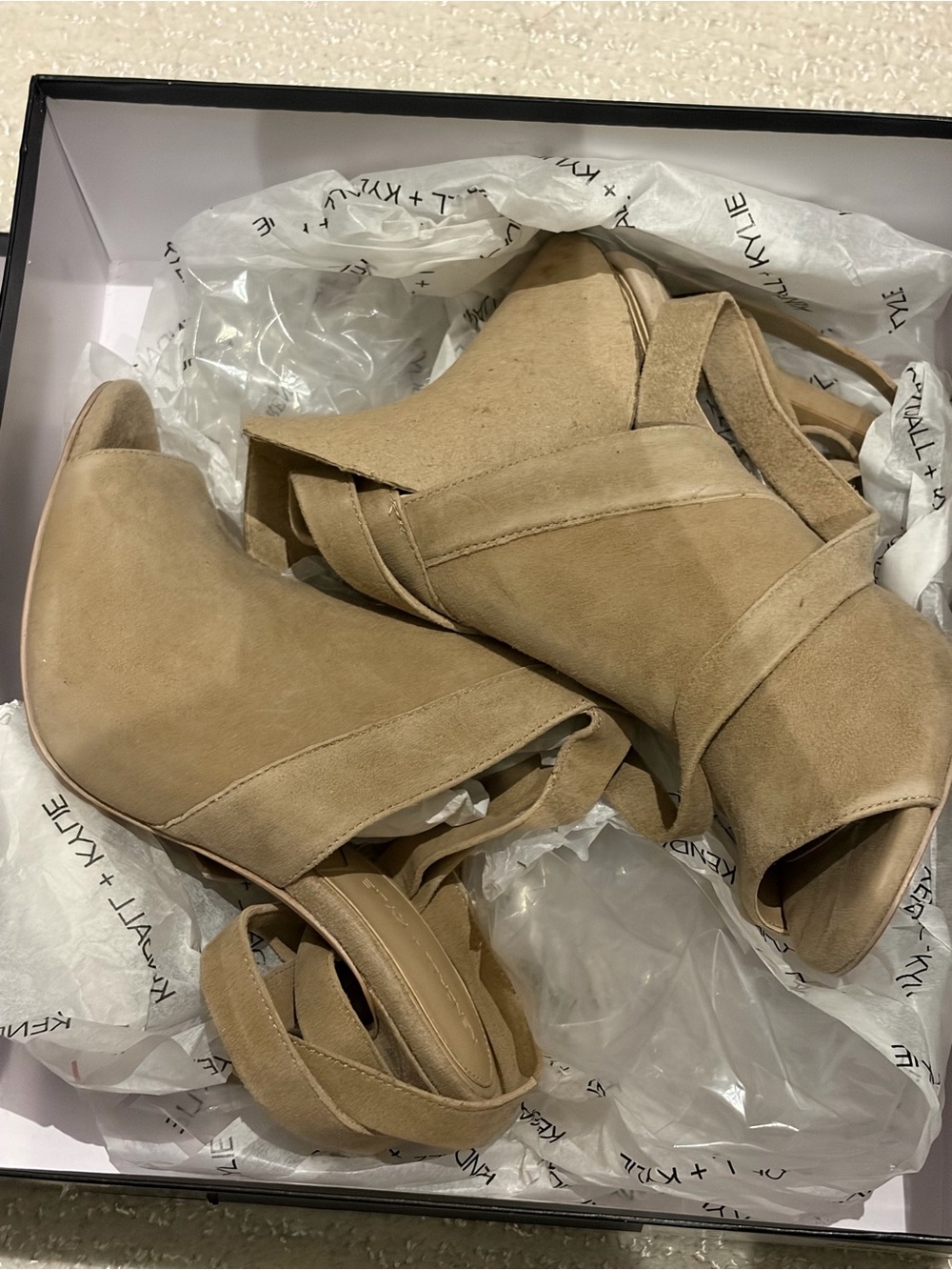Kendall & Kylie Tan Suede Peep-Toe Wrap Heeled Booties